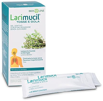 BIOS LINE Larimucil Tosse e Gola, Integratore Alimentare, Integratore Tosse, Gel Fluido Contrasta Tosse Secca e Grassa, Lenisce la Mucosa Orofaringea, 12 Bustine Monodose 10ml Senza Zucchero