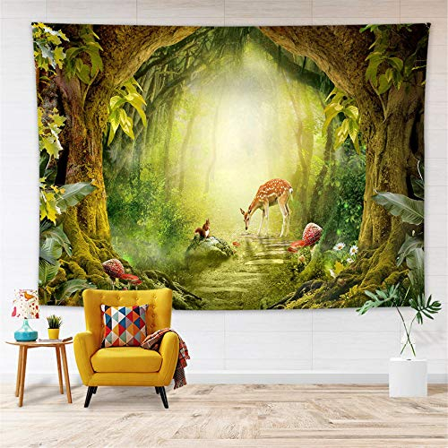 LB Wandteppich Grüner Wald Wandtuch Baum, Pflanze und Tiere Wandbehang Frühlingslandschaft Tapisserie für Wohnzimmer Schlafzimmer Wohnheim Wanddeko,150x130cm