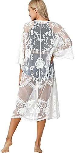marysgift Beach Cover Up White Dress for Women Mesh Open Front Swimwear See Through Swimsuit Beach Coverups Sexy 3/4 Sleeve Beach Kimono Cardigan White A00101*