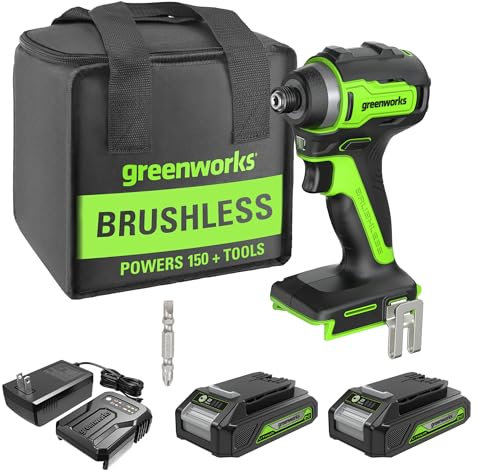 Greenworks 24 V bürstenloser 0,64 cm Akku-Schlagschrauber, (2) 2,0 Ah Batterien, kompaktes Ladegerät und Tasche im Lieferumfang enthalten