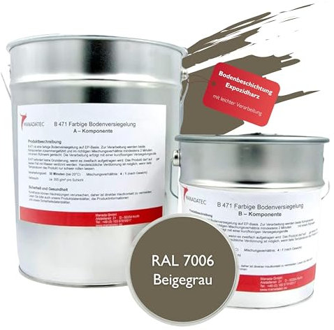 MANADATEC 2k Epoxidharz Bodenbeschichtung 5kg I RAL 7006 Beigegrau I Lösemittelfrei, Umweltfreundlich & Geruchsneutral I Beschichtung für Garagen- & Kellerböden I Hohe Schlagfestigkeit