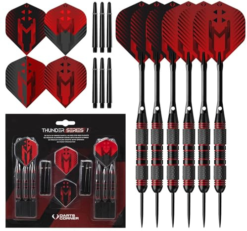 Darts Corner X1066 Thunder | 24-teiliges Dart-Set mit Stahlspitzen, Messing-Barrels, Flights und Aluminiumschäften, Serie 1, Schwarz/Rot