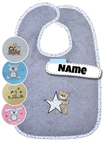 Stickling Baby Lätzchen mit Klettverschluss | bestickt mit Namen | Riesen Lätzchen | Baby Latz | Lätzchen personalisiert | Spucktücher Baby | Baby Erstausstattung (Teddy Stern grau)