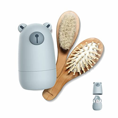 Baby 6 in1 Pflege-Set, natürliche hölzerne Haarbürste und Kamm Nagelschere, Nagelfeile und Pinzette für Kinder und Neugeborene in süßer Geschenk-Verpackung
