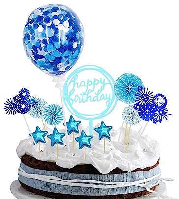 Birthday Cake Decoration, Blue Personalised Firework Cake Topper for Men Boys, Confetti Balloon Cake Topper with Stars Paper Fans for Blue Theme Party Birthday Cake Decoration