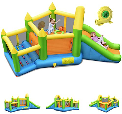 GOPLUS Château Gonflable avec Souffleur Hexagone avec Aires de Jeux pour 1-3 Enfants de 3 à 10 Ans, Jeux Plein Air avec Toboggan et Trampoline, Tissu Oxford, Charge Max 135KG