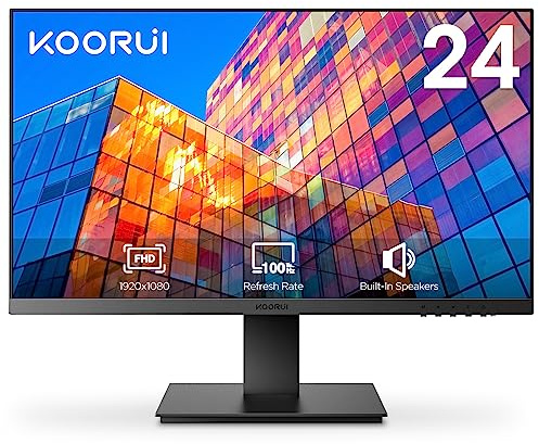 KOORUI Monitor 24 tum med högtalare, IPS PC Monitor, ramlös skärm, FHD 1080P, HDMI 1.4 (100Hz) & VGA(60Hz), VESA 75 x 75 mm, Adpitive Sync, ögonvård