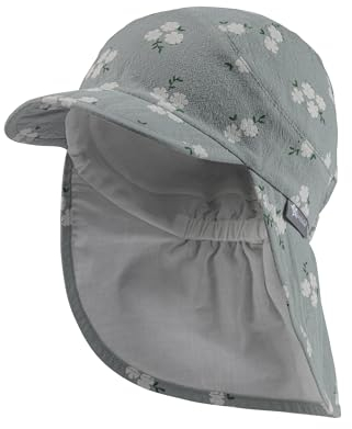 Sterntaler Schirmmütze mit Nackenschutz Blüten für Mädchen - Baby Mütze mit UV -Schutz 50+ Sonnenkappe aus Baumwolle - steingrün, 47