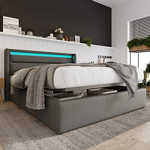 MYBOO Hydraulisch Stauraumbett mit LED-Beleuchtungsleiste, Doppelbett Bettgestell Polsterbett 140x200cm, Funktionsbett, Grau (Mit Fernbedienung)