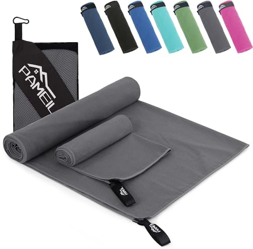 Pameil Toalla Gimnasio Juego de 2 (Toalla Microfibra 160x80 cm + Toalla Pequeña 80x40 cm), Compactas y de Secado Rápido-Toallas Gimnasio Deportes y Fitness (Gris Oscuro)