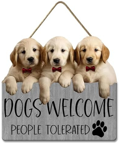 Geroclonup Dogs Welcome People Tolerated Sign for Front Door,Funny Dogs Welcome Sign for Pet Shop Home Decor,Dog Room Decor,Gifts for Dog Lovers 28x30cm