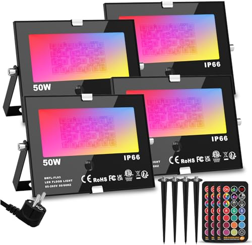 ChangM Focos LED RGB Exterior, Foco LED Proyector Colores IP66, 50W Foco 12 Colores con Control Remoto, 4 Modos, Función de Memoria y Temporizador, Decoración Jardín Fiesta Hotel 4 Pack