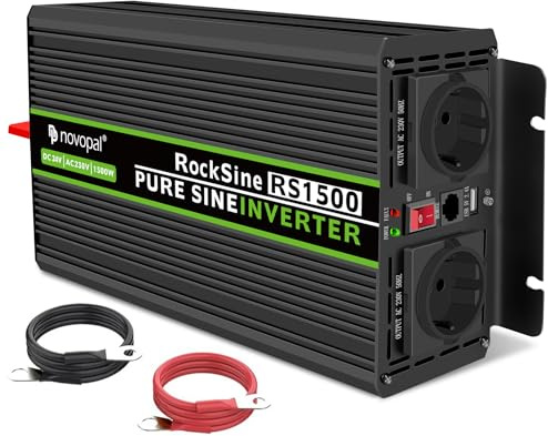 NOVOPAL 1500W Convertisseur Pur Sinus 24V 220V 230V Onduleur Transformateur,2 Prises EU AC,1USB,5M Télécommande,Convient pour Camion, Camping, Voyage,Voitures,Puissance de Pointe 3000W