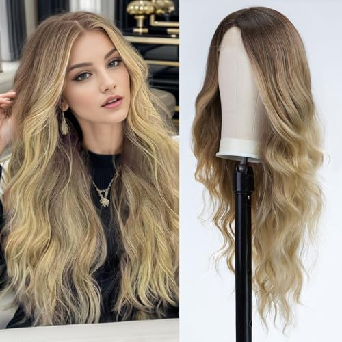 EMMOR lange Ombre blonde wellige Perücke für Frauen, Lace-Front-Perücken mit natürlichem Aussehen, 26 Zoll Mittelscheitel lockige Perücke.