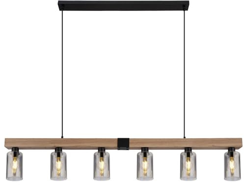 Pendelleuchte Holzoptik Esstischlampe 6 flammig Hängelampe Wohnzimmer, Rauchglas Metall schwarz, 6x E27, LxH 140x120 cm