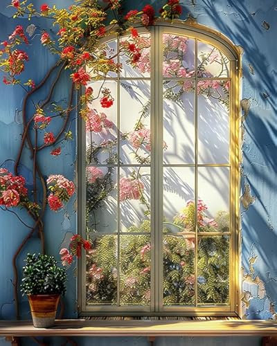 ZMHZMY Malen nach Zahlen Erwachsene, Fenster und Blumen 40 x 50cm DIY Handgemalt Ölgemälde Kits auf Leinwand Geschenk für Weihnachten Geburtstag, Home Haus Deko
