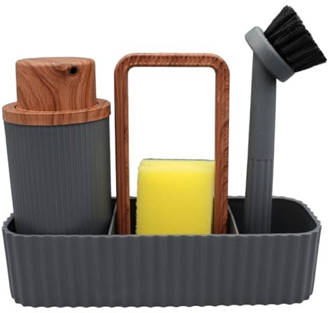 Spülbecken Organizer mit Seifenspender, Schwammhalter und Bürste | Spüle Organizer für Küche, Spülbecken Organizer, Schwammhalter Küche, Küchen Organizer Spüle - Grau