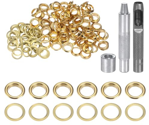 QUARKZMAN Grommet Werkzeug Kit, 100 Pcs 10mm Ösen mit 2 Ösenzange & 1 Scheiben Set, Metallösen Kupfer Tülle Stanzwerkzeug für Stoff Planen Leder Gewebe Vorhang Poolabdeckung, Gold