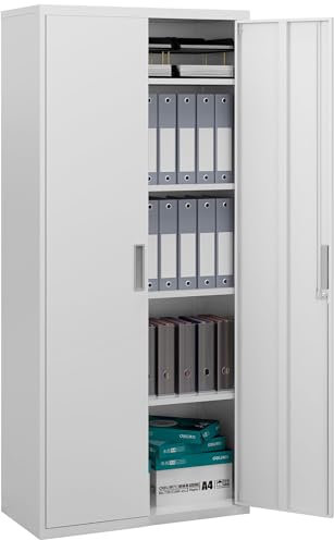 HOMCOM Armadio Ufficio a 5 Livelli con 4 Ripiani Regolabili, Armadio in Metallo Portadocumenti con 2 Ante, Serratura e 2 Chiavi, 80x40x180 cm, Bianco