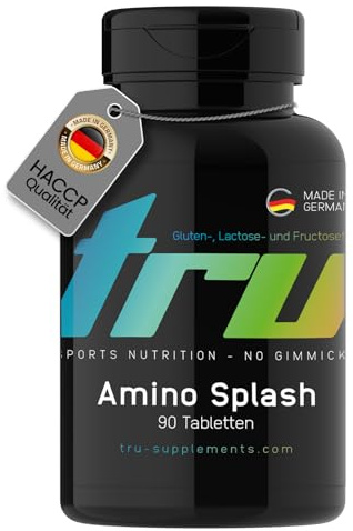 Amino Splash - 90 Tabletten - Hochdosiert - Aminosäuren-Komplex - enthält 13 elementare Aminosäuren - TRU Sports Nutrition - 100% Vegan | Herstellung & Laborprüfung in Deutschland