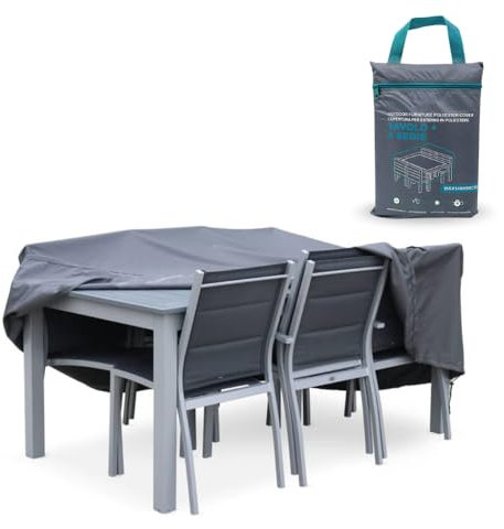 PALUPLUS Coperture Protettive per Tavolo e 4 Sedie Grigia, Misura 165x140x90 cm, Tessuto Impermeabile 210D, Telo con Sacca e Laccetto, Protezione da Polvere, Pioggia, Raggi UV -8009C-0,9