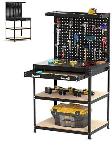 SOARS Banco da Lavoro, Organizer per Attrezzi in Metallo con 2 Pannelli Perforati con Kit di 19 Ganci, Cassetti e 2 Ripiani, Banchi da lavoro per Officina, Garage (Nero, 81 X 41 X156 CM)