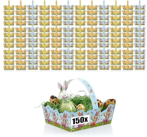 com-four® 150x Osterkorb mit Motiv - Pappkörbchen zum befüllen - Osternest für Geschenke und Ostereier - Geschenktasche aus Pappe mit Tragegriff (Set 7-150 Stück)