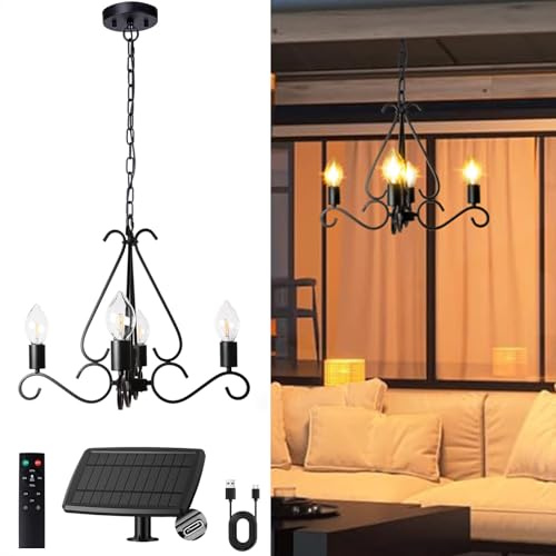 TWINKVILLA Solar Chandelier Outdoor, 4-Lights 23 Rustic Farmhouse Industrial Iron Chandeliers Waterproof Dimmable Hanging Pendant Lights for Gazebo, Pergola, Canopy, Tent Decor