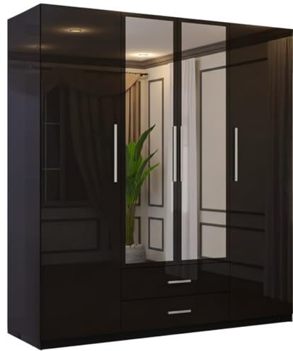 SLIDING WARDROBE 4U High Gloss 4-Door Hinged Wardrobe with Mirrors, Drawers, Shelves & Hanging Rail Freestanding Bedroom Storage – White/Black/Grey (Black, 160cm)