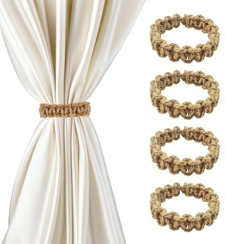 4Pcs Braided Curtain Tie Backs, Boho Curtain Tiebacks, Handmade Cotton Linen Rustic Style Curtain Ties, Elegant & Durable Tie Backs for Curtains, Perfect for Thin & Thick Home Window Drapes (Khaki)
