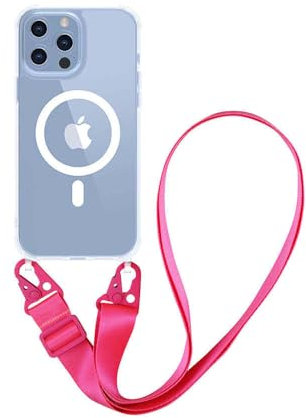 GXZJFC Custodia magnetica per telefono con tracolla e cordino per iPhone 16, 15 Pro, 14, 12 Mini e 11 Pro, in acrilico trasparente, rosa rossa, per iPhone 13 Pro