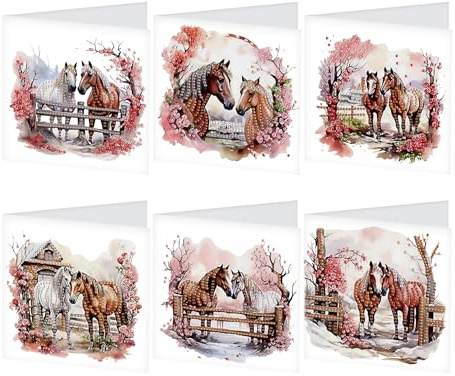 SHEGZHUC Set of 6 Diamond Painting Greeting Cards Horses Cherry Blossoms, Cards Animals with Envelopes, Birthday Card, Thank You Card, Blessing Card, Holiday Cards, Gift Suitable for All Ages