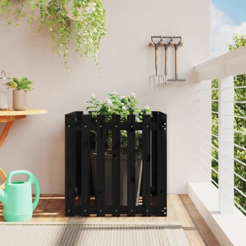 HaoChrymec Pflanzkübel with Kiefernholz, Lattenzaun-Design, Blumenkasten Balkon, Hochbeete für Garten, Hofgarten Hochbeet, Outdoor Dekoration, Schwarz, 70x70x70 cm