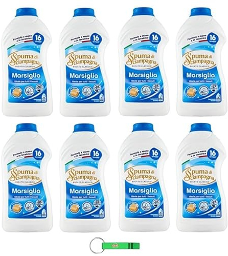 8x Spuma Di Sciampagna Waschmittel Marseille-Duft - Klassisches Flüssigwaschmittel mit konzentrierter Formel ideal für alle Stoffe 16 Wäschen 800ml + Beni Culinari Kostenloser Schlüsselanhänger