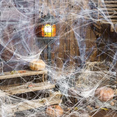 YORFULL Tela de Araña Decorativa de Halloween, 60g con 8 Arañas de Plástico, Tela de Araña Elástica para Decoración de Halloween, Interior y Exterior, Decoración de Casa Embrujada, Jardín, Fiesta