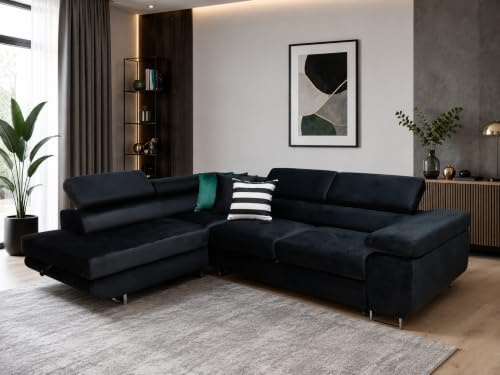 KMK GNYCH Sofa Aston 272x203x88 cm, Schlaffunktion, Marineblau, Links | L-Form Sofa, Modern Couch mit Bettkasten, Weiches Ecksof fürs Wohnzimmer, Schlafsofa, Eleganter Monolith Stoff