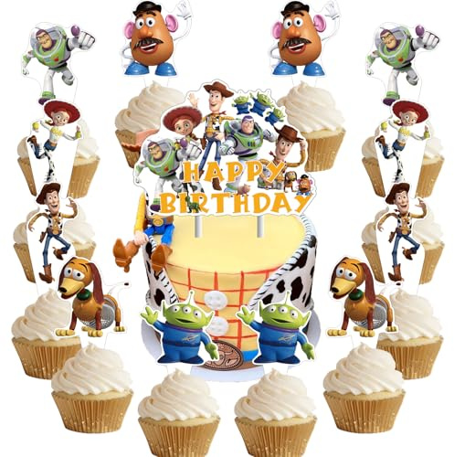 25Pcs Toy-Storys Birthday Party Supplies Pack Includes 1 Cake Topper 24 Cupcake Toppers for Toy-Storys Party Supplies
