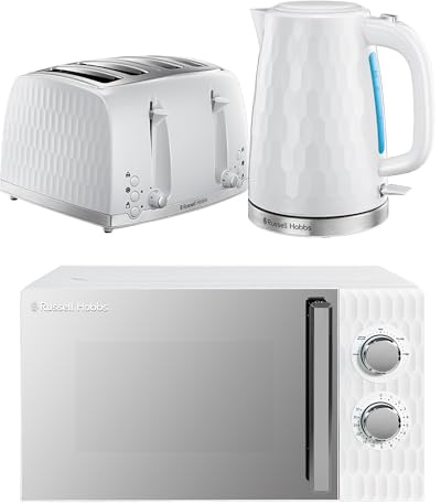 Russell Hobbs Honeycomb White Kitchen Set, 1.7L 2400W Kettle, 4 Slice Toaster with Dual Browning Levels & 17L 700W Microwave with 5 Power Levels, Defrost & Reheat Functions HCBNDL4W