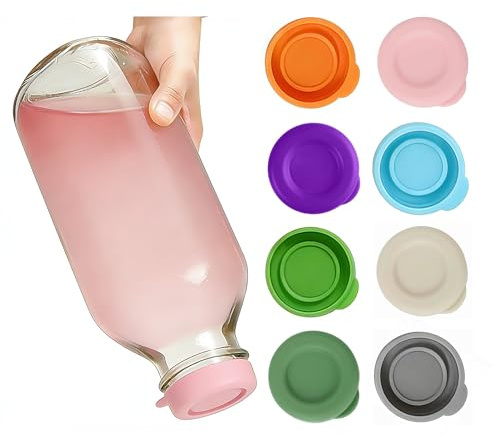 Beitrix Silicone Glass Milk Bottle Caps, Reusable Milk Jar Lids Replacement for 48mm Opening Bottles, Leak Proof Milk-Jug-Caps Compatible with Stanpac Libbey (No Bottle), 8 Colors