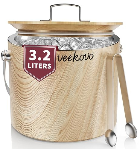 3.2L Insulated Ice Bucket with Lid and Tongs, Double Wall Stainless Steel Ice Bucket, Teakwood Finish, BPA Free Ice Bucket, Perfect for Home Bars, Pubs, Restaurants, BBQs and Gift (Teakwood Finis)