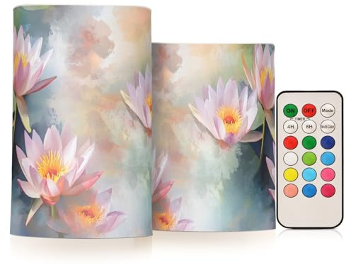 KLL Velas decorativas sin llama de cera parpadeante con diseño de flores de lirio de agua rosa, sin fuego, con control remoto, para fiestas, fiestas, funciona con pilas