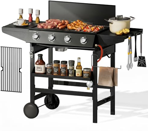 Gasgrill mit 4 Brenner, Grillwagen, 52,000 BTU | Mit Flaschenöffner, Druckminderer und Gasschlauch,Enthält eine Zusätzliche Grillplatte zum Gleichzeitigen Grillen und Braten.