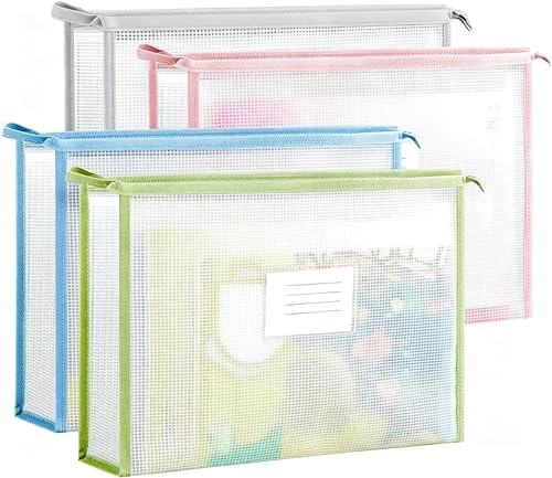 WOKICOR 4 stycken dokumentväska A4 med dragkedja vattentät dokumentmapp av PVC + EVA kuvert mapp i 4 färger stor kapacitet plånbok för hem skola kontor (34 x 24 x 6,5 cm)