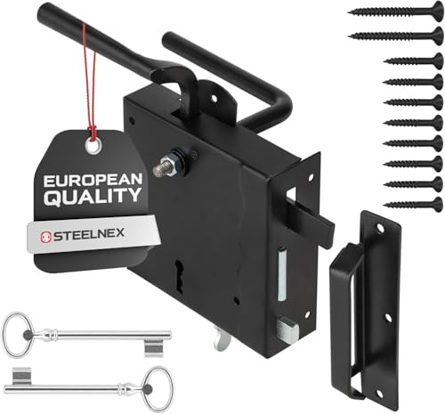 STEELNEX Kastenschloss 65 mm Links - Schwarz pulverbeschichtet - Aufschraubschloss für Holztüren - Robustes Garagentor schloss aus Stahl - Inkl. Drückergarnitur & Schlüssel