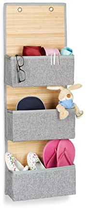 Relaxdays 2 x Hängeaufbewahrung Bad und Flur, 3 Fächer Türgarderobe 94 x 33 x 12 cm H x B x T, Bambus und Stoff, grau