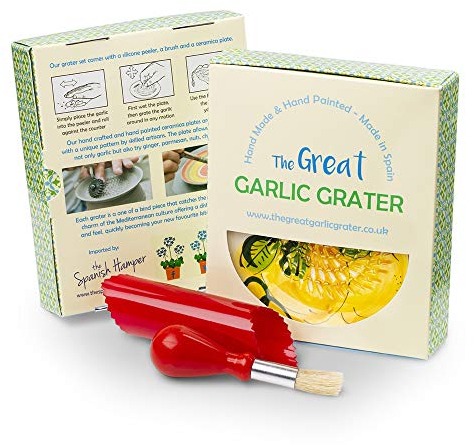 Garlic Grater Plate Set with Brush and Peeler. (#Ref 8). White Plate with Blue Rim. Lemon Pattern. Handmade and Hand Painted in Cordoba, Spain.