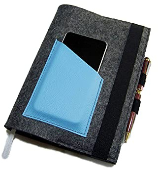 Kalenderhülle mit Handyfach + Stifthalter + Kreditkartenfach aus Wollfilz Leder für Din A5 Buchkalender, Notizbuch oder Maßanfertigung