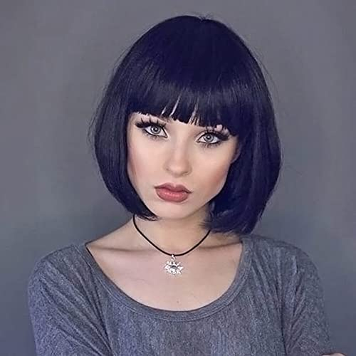 Colorful panda Perruque Noire courte Bob droite avec frange pour femme, perruques de cheveux raides naturels brésiliens synthétiques résistants à la chaleur pour cosplay, fête, Halloween, quotidienne