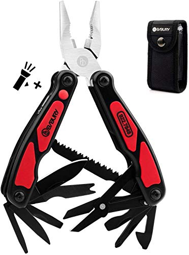 BIBURY Multitool, 14 in 1 Multitools Pliers with Can Opener, Scissors, Light, Pocket Size EDC Multi Tool with Nylon Pouch for Fishing, Outdoor Activities, Home Improvement, Camping - Red