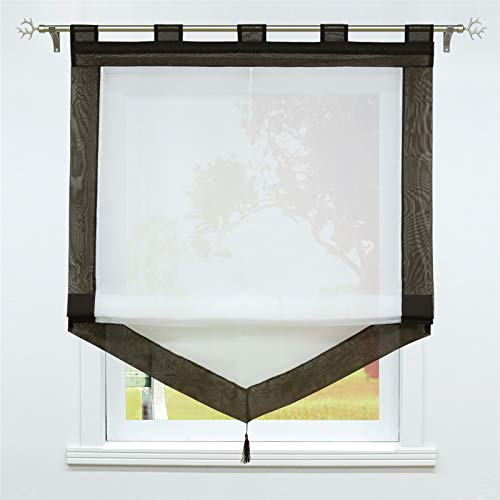 SCHOAL Raffrollo mit Schlaufen Transparente Raffgardine Landhaus Schlaufenrollo Gardinen Voile mit Quaste 1 Stück BxH 120x140cm Braun